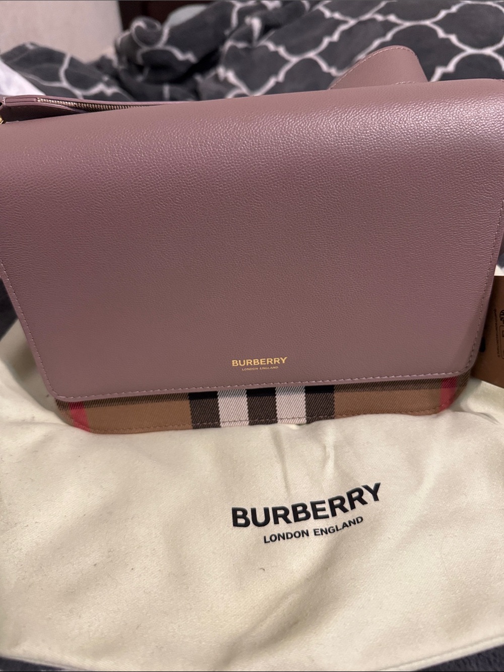 Burberry Mauve Leather Crossbody with Vintage Check Trim